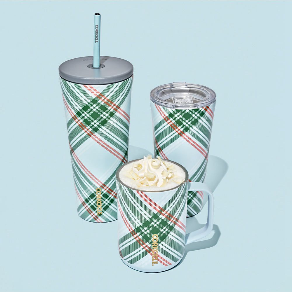 Corkcicle 24oz Holiday Cold Cup Insulated Tumbler With Straw Peppermint Plaid | SOP-31051424